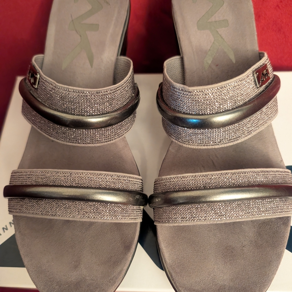 Anne Klein Metallic Gray Wedge Sandals - Picture 2 of 4